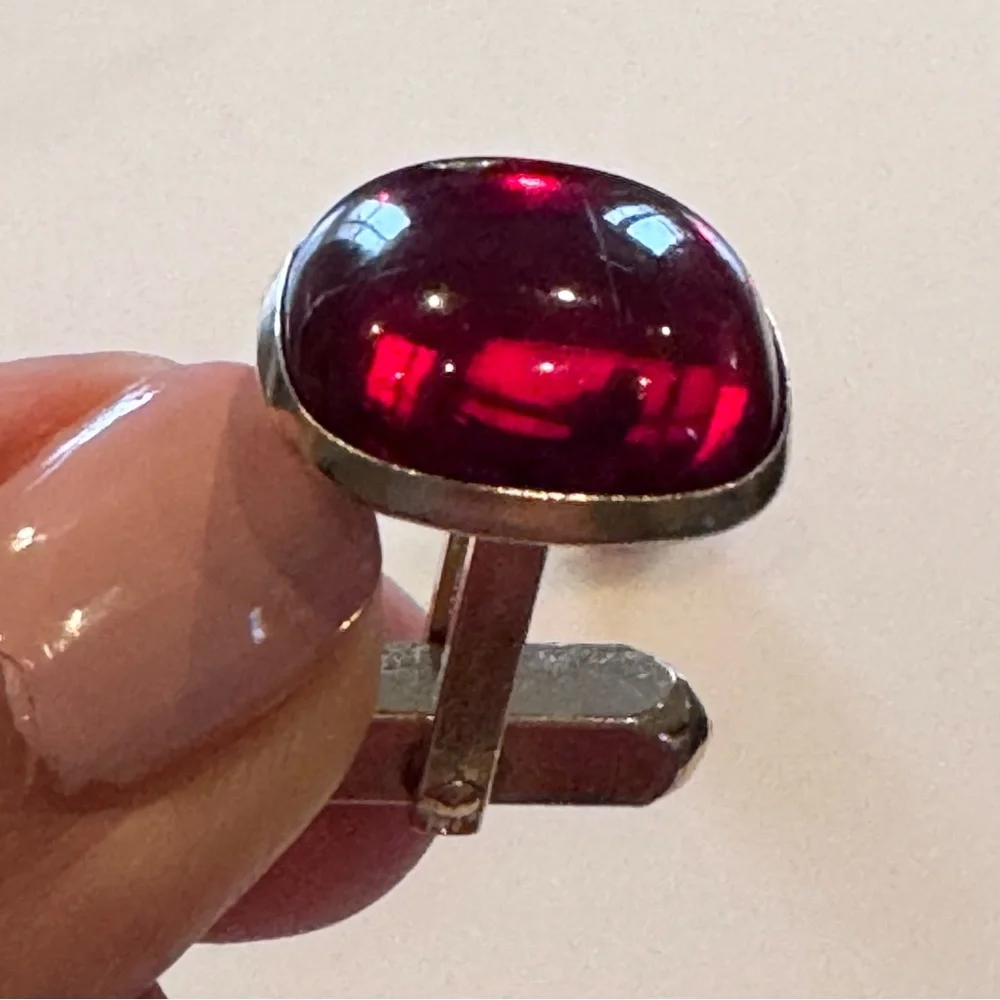 Vintage Red Lucite Cabochon Gold Tone Cufflinks